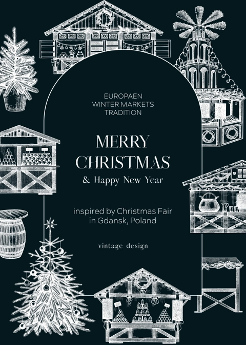 Christmas market frame design on chalkboard. Traditional European Christmas market with souvenir stalls, Christmas tree, candy shops sketches. Winter holidays invitation or greeting card template.